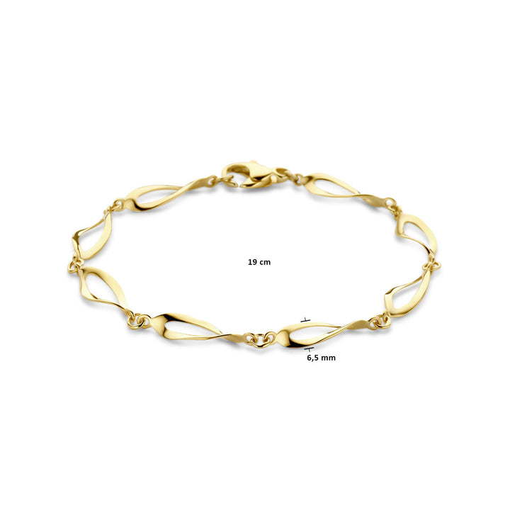 Van der Kooij Collectie armband 6,5 mm, 19 cm van 14K geelgoud, met fantasie van gedraaide bladvormige schakels en een veilige karabijnsluiting. Gepresenteerd op een witte achtergrond.