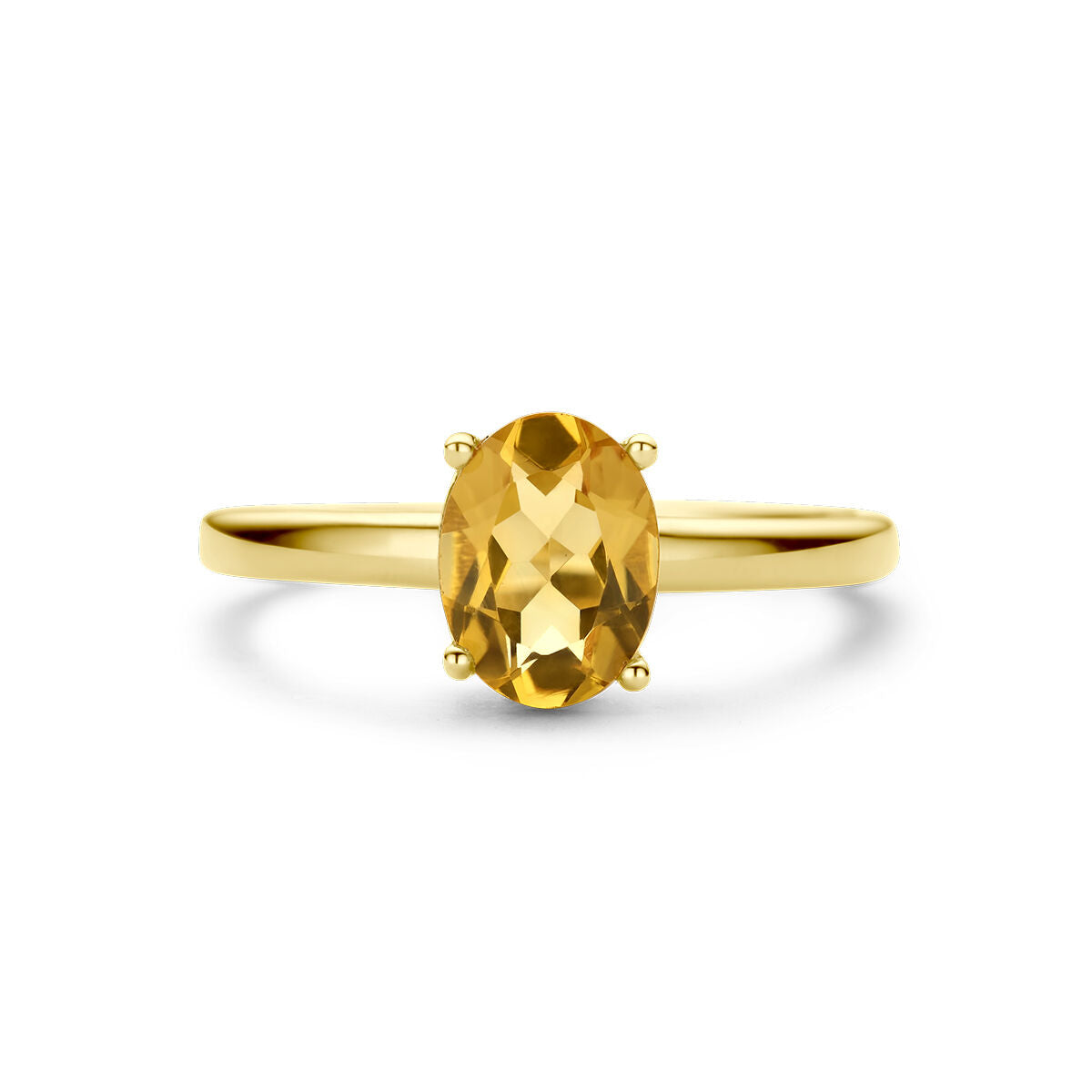 De Van der Kooij Collectie ring citrien 14K geelgoud is een damesring met een dunne geelgouden band en een ovaal geslepen citrien edelsteen in een vier-punts zetting, afgebeeld op een witte achtergrond.