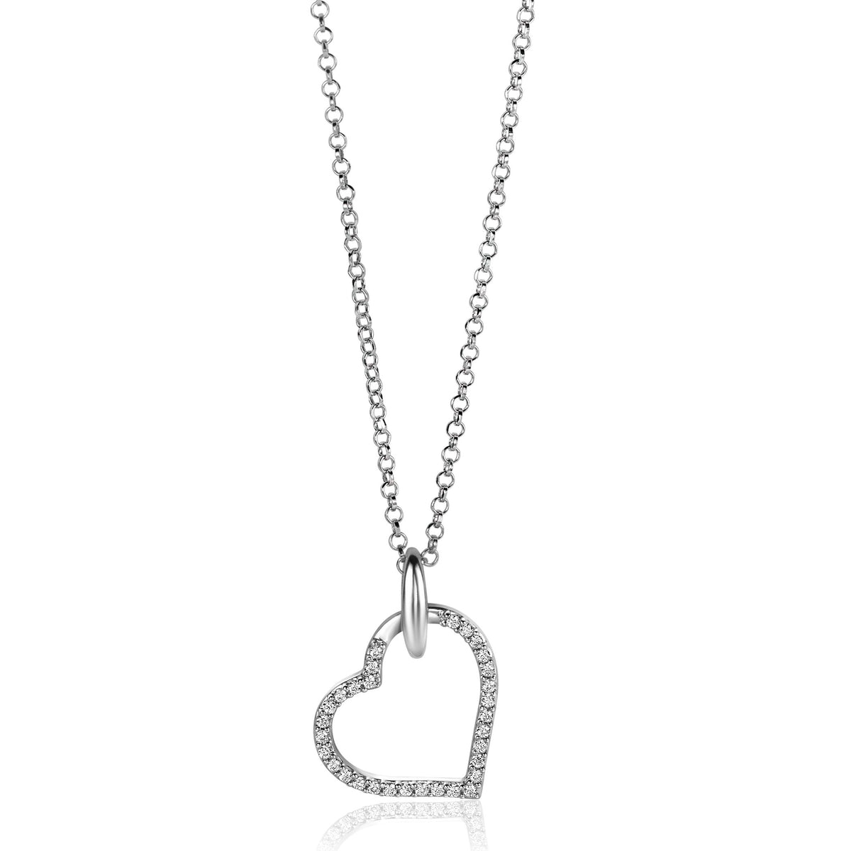De Zinzi Hangers Zilver Zih2447 ketting van Zinzi heeft een delicate zilveren ketting en een luxe hartvormige hanger omlijnd met fonkelende witte zirkonia, voor een elegante en minimalistische look.