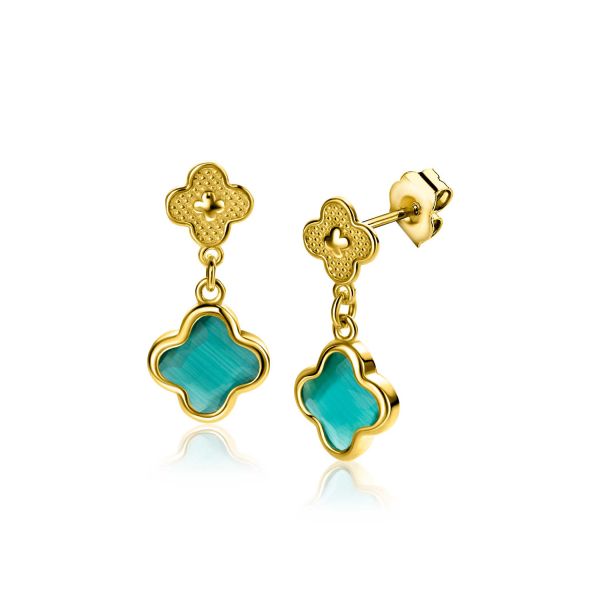 Gouden oorbellen met een bloemvormige hanger en turquoise stenen.
