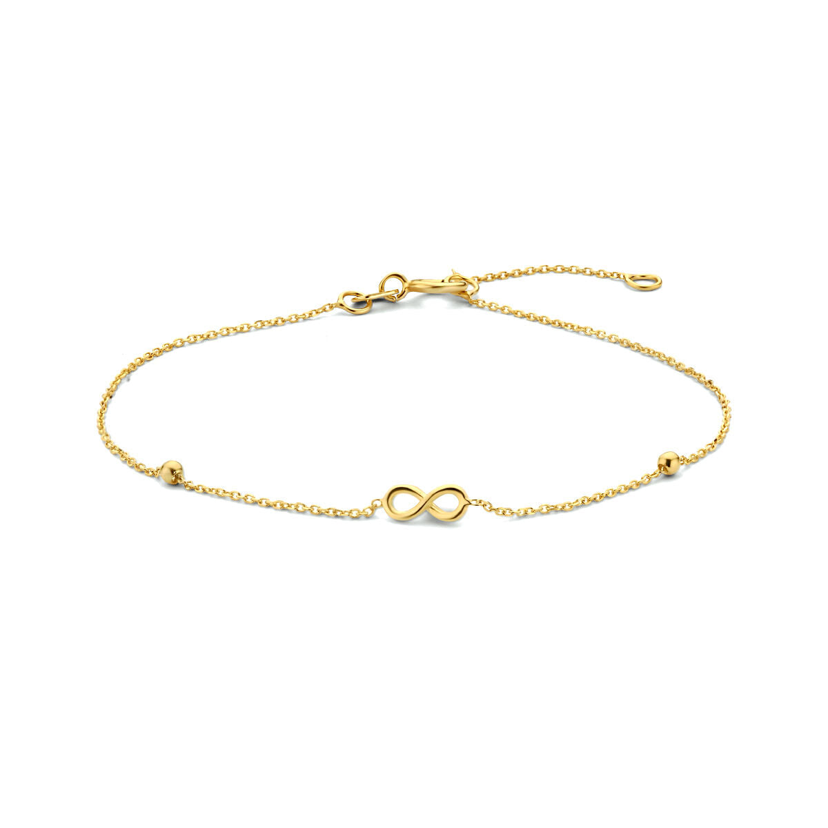 Gouden armband met infinity-teken en bolletjes, vervaardigd uit 14K goud.
