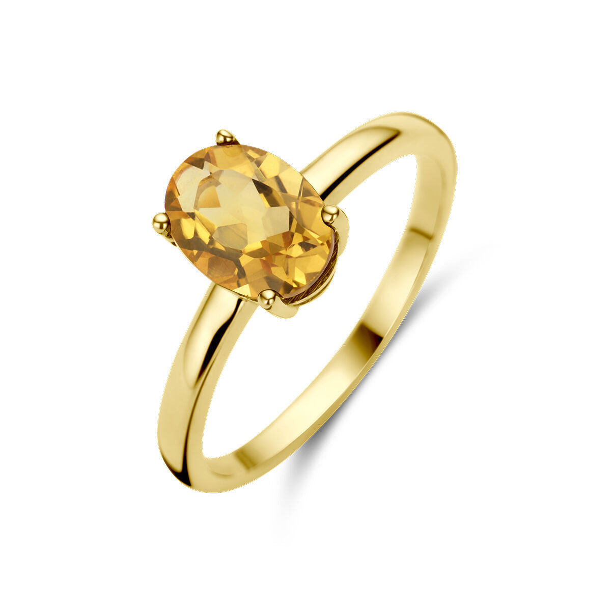De Van der Kooij Collectie ring citrien 14K geelgoud is een damesring met een ovale gele citrien in een viersprong zetting, afgebeeld op een witte achtergrond.
