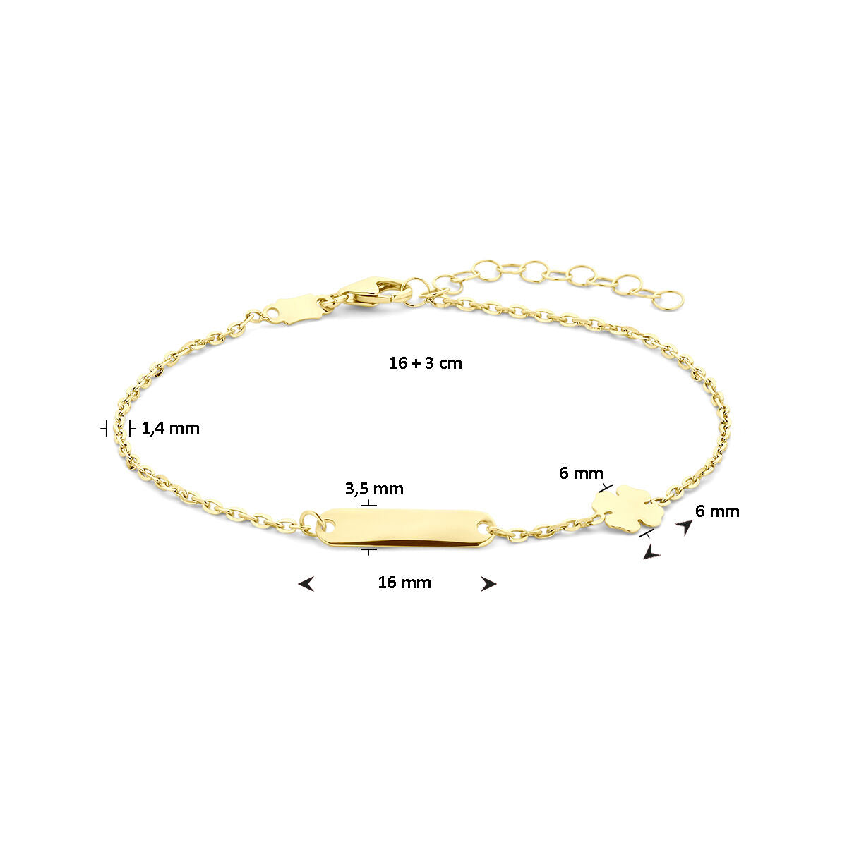 graveerarmband klaver plaat 3,5 mm 16 + 3 cm 14K geelgoud