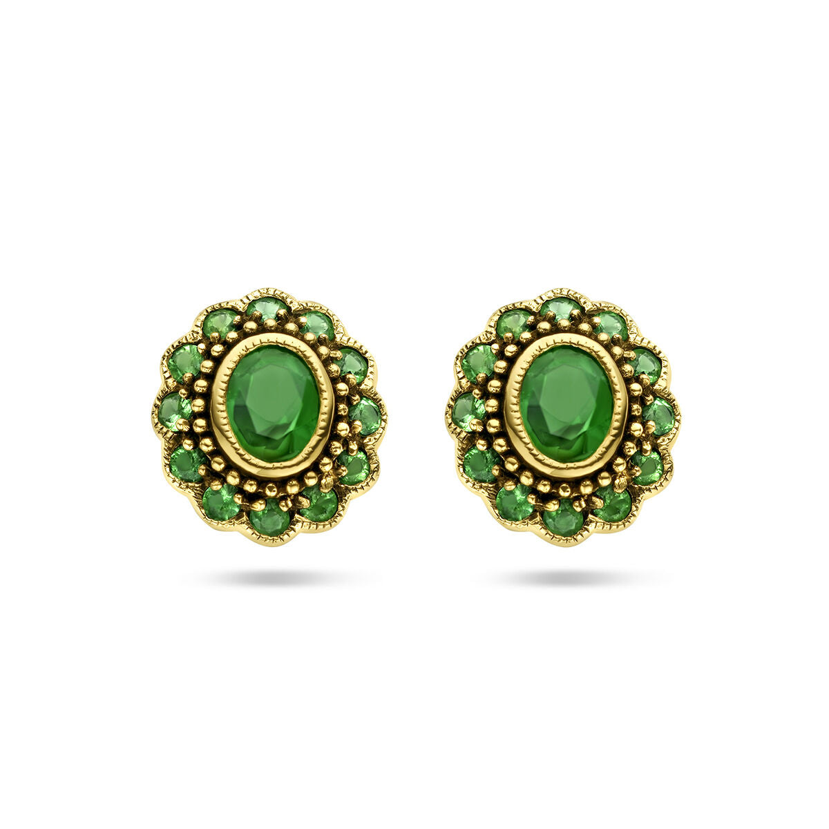Oorknoppen van 14K geelgoud met een smaragdgroene steen en een bloemvormige afwerking.