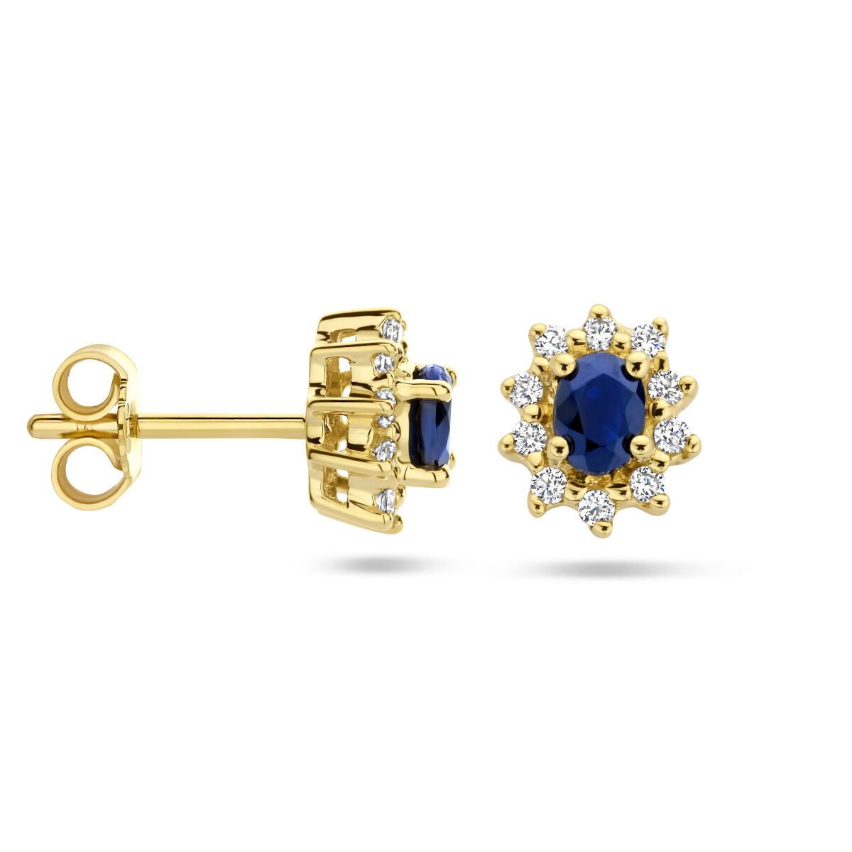 oorknoppen saffier en zirkonia halo 14K geelgoud