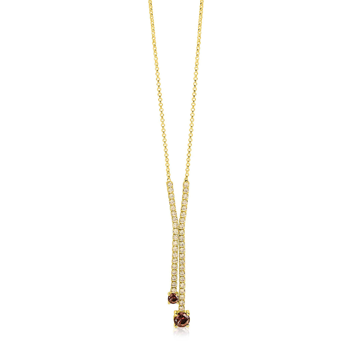 Gouden Y-collier van zilver met twee hangende stenen, 45 cm lang.