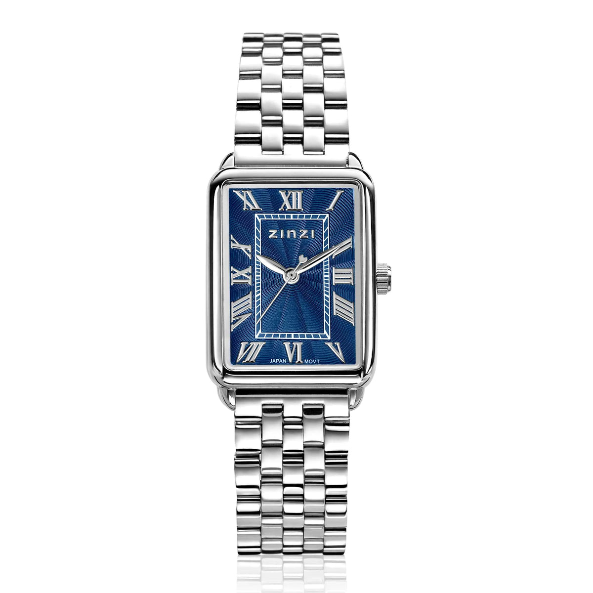 Zilverkleurig stalen horloge met rechthoekige kast en blauwe wijzerplaat met Romeinse cijfers.