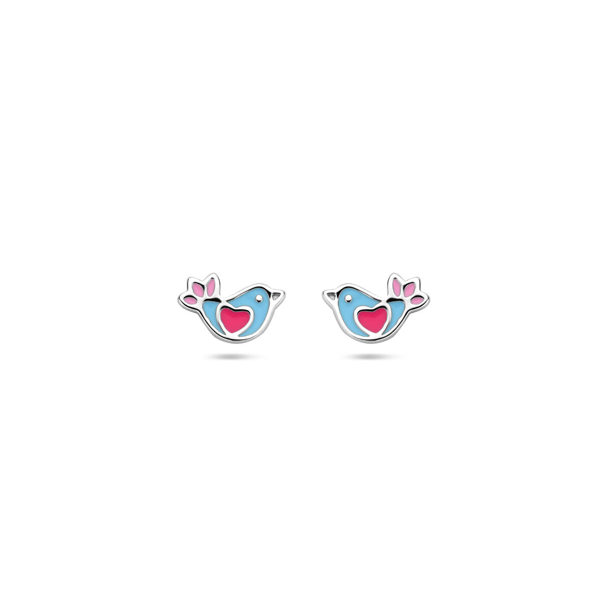 Oorknoppen in de vorm van een vogel met emaille in blauw en roze, zilver gerhodineerd, 5 mm.