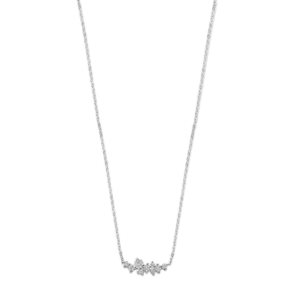 Zilveren gerhodineerd collier met zirkonia, lengte 42 + 3 cm, met een bloemvormig detail.
