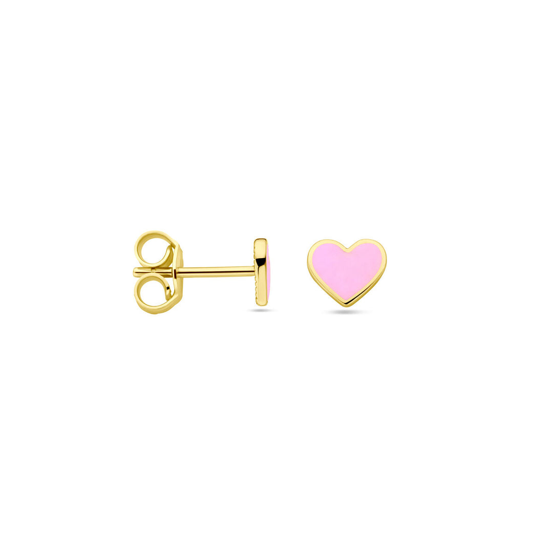 ear studs heart pink enamel 14K yellow gold