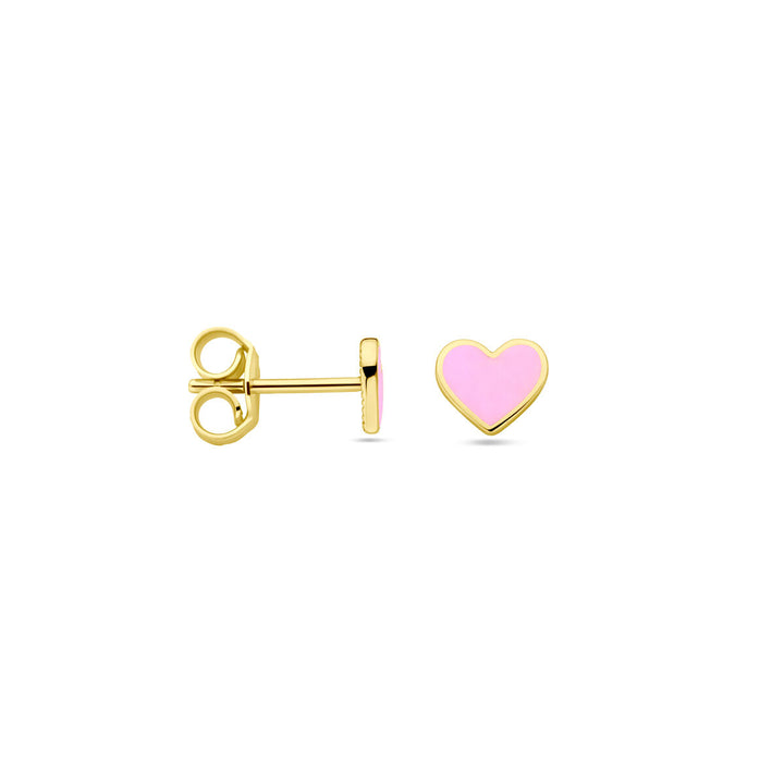 ear studs heart pink enamel 14K yellow gold