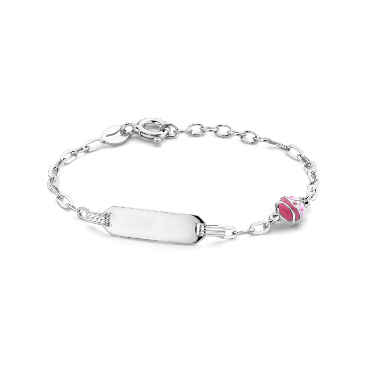 Zilveren gerhodineerde graveerarmband met een lieveheersbeestje en een plaat van 5,0 mm, verstelbaar van 11 tot 2 cm.