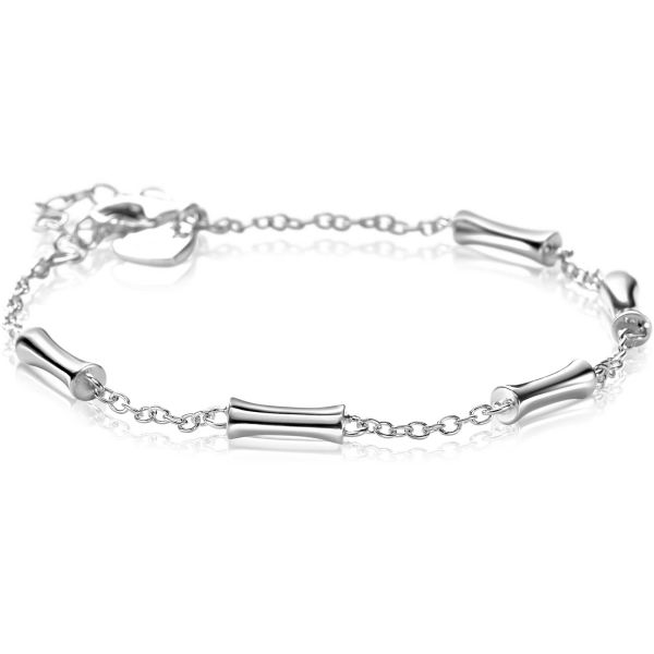 Zilveren armband met een schakelpand en cilindervormige elementen, verstelbaar van 17 tot 20 cm.