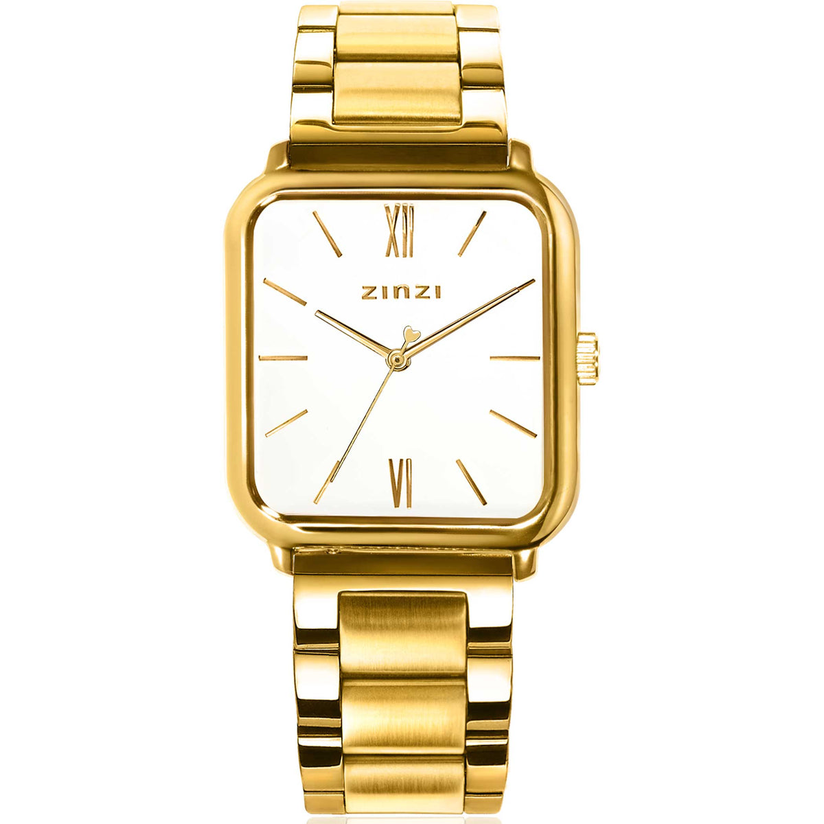 Geelgoudkleurig horloge met vierkante kast, witte wijzerplaat en gouden schakelband.
