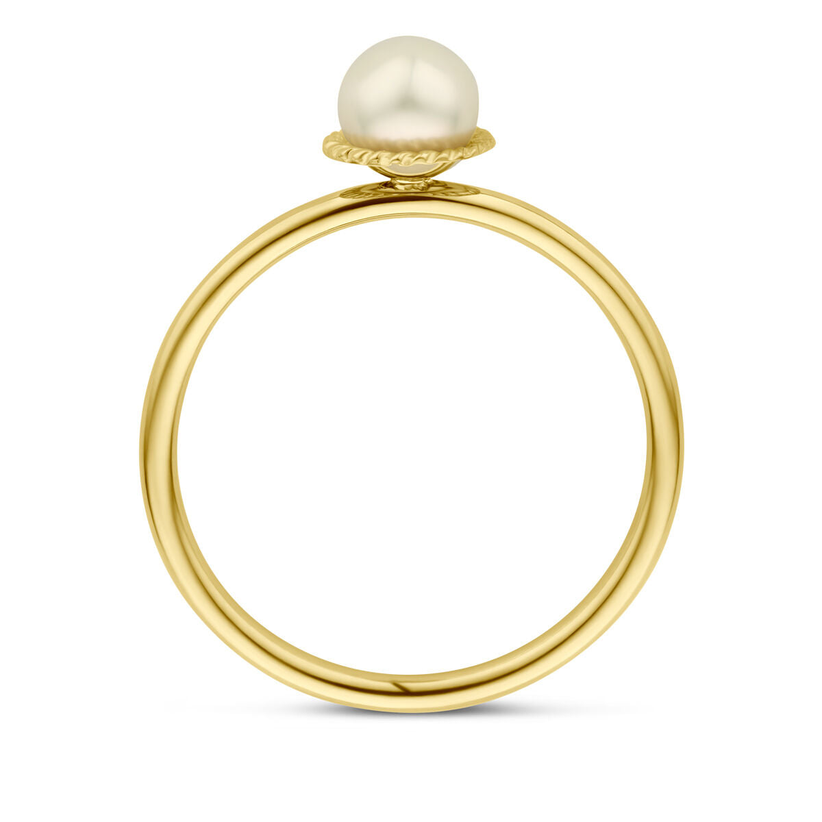De Ring Parel 14K Geelgoud van Van der Kooij Collectie heeft een enkele ronde zoetwaterparel gezet in een gedraaid gouden ontwerp, dat een eenvoudige, elegante en minimalistische stijl biedt.