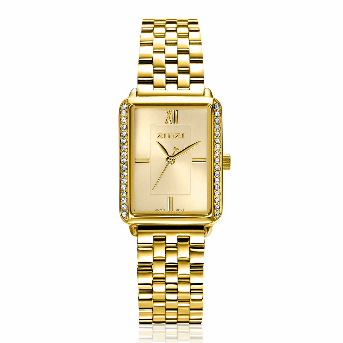 Geelgoudkleurig horloge met rechthoekige kast, strass-steentjes en een schakelband.