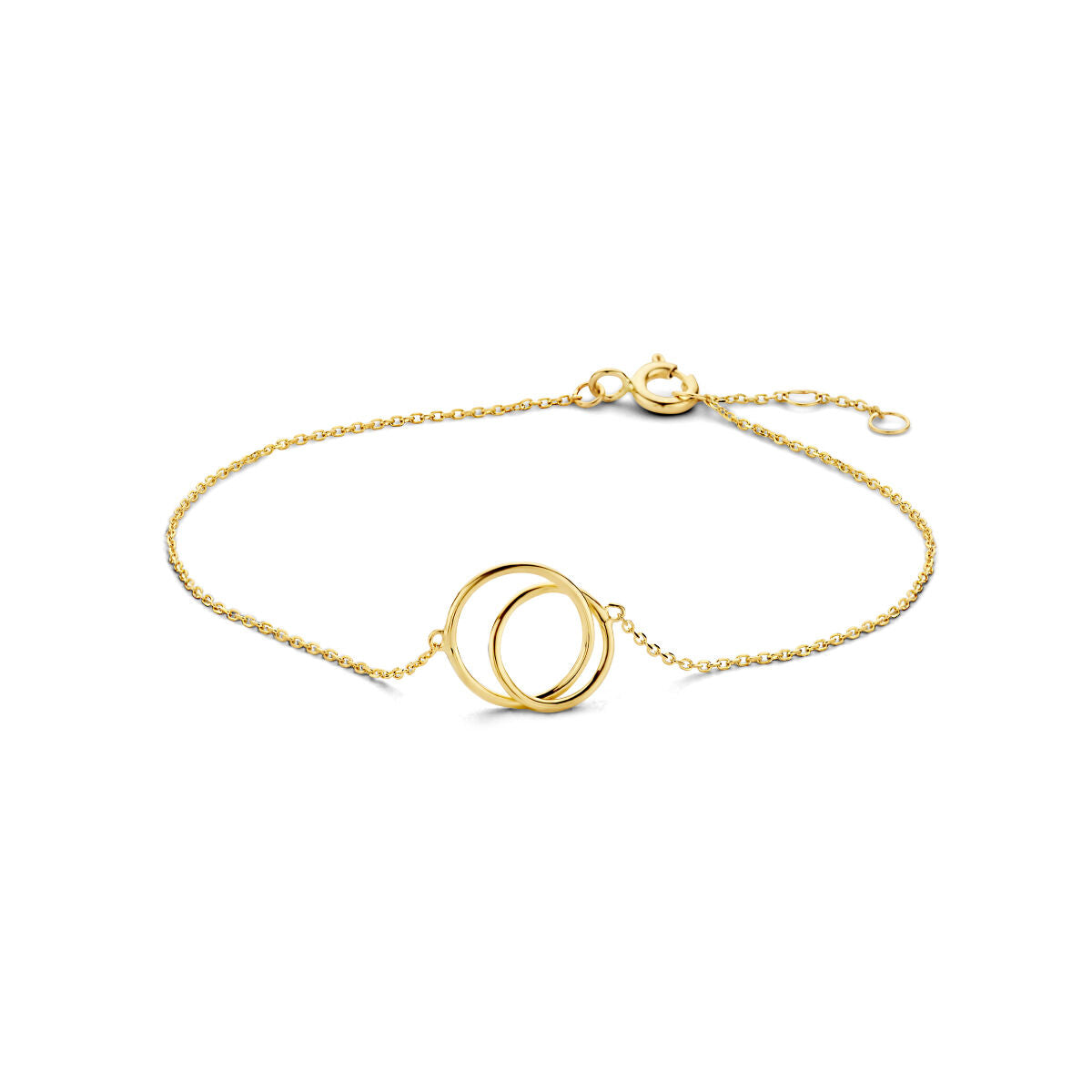 Gouden armband van 9k geelgoudkleurig met twee overlappende ringen als opvallend detail.