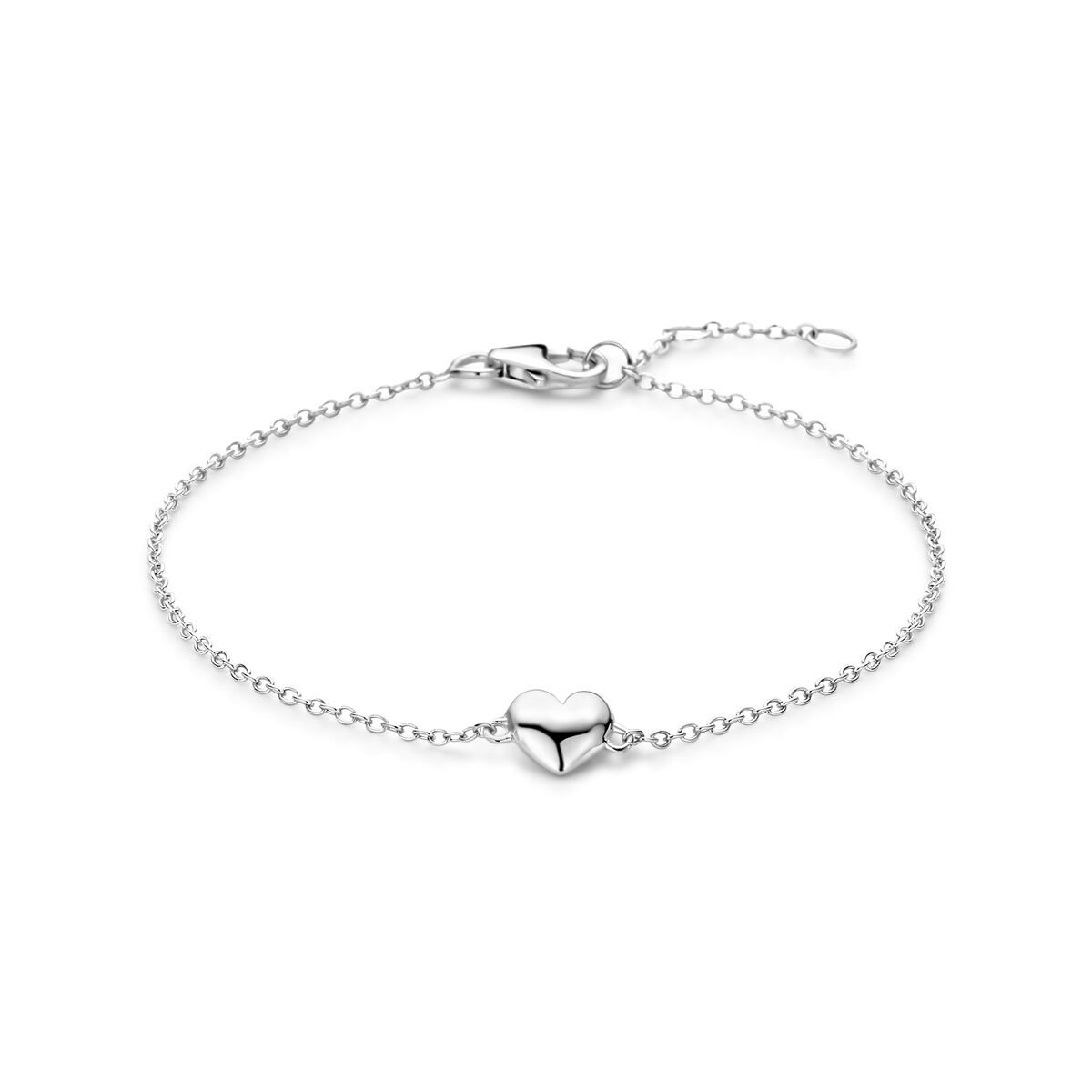 Een delicaat Van der Kooij Collectie armbandje hartje 16,5 - 17,5 - 18,5 cm in gerhodineerd zilver, met een klein gepolijst hartje en verstelbare sluiting-perfect als Valentijnsgeschenk.
