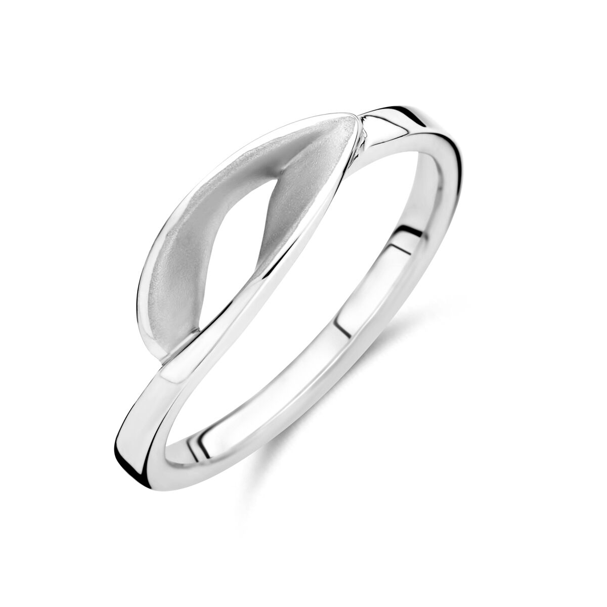 Gerhodineerde 925 zilveren ring met een poli/ matte afwerking en een moderne, golvende vorm.