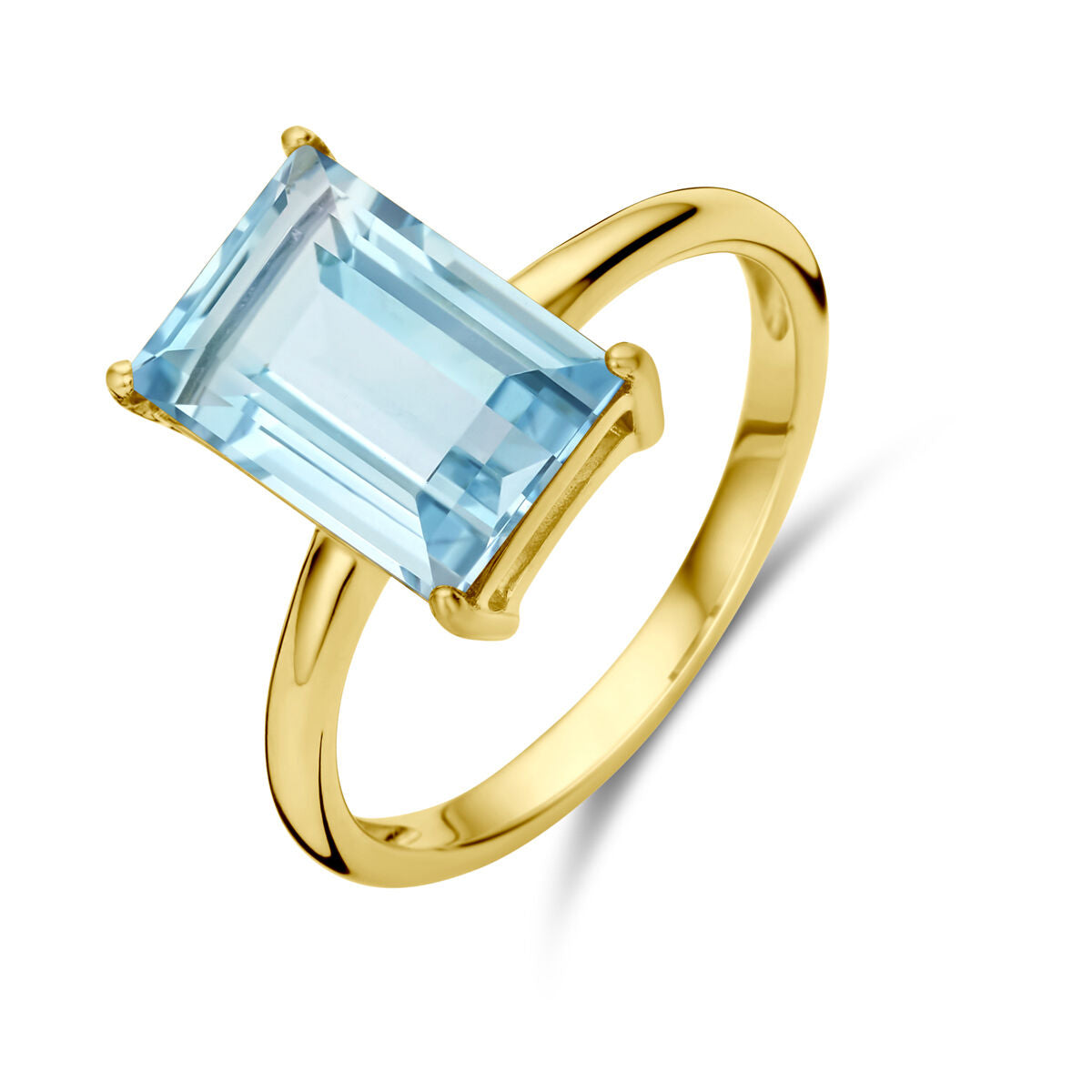 Ring van 14K geelgoud met een grote, rechthoekige blauwe topaas.