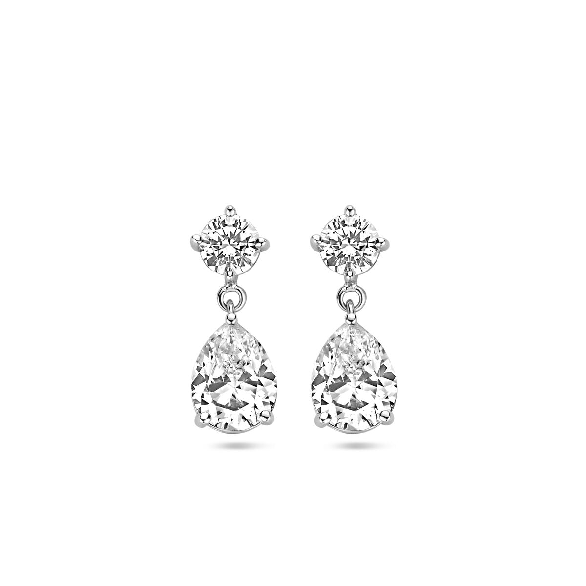 Zilveren gerhodineerde oorhangers met zirkonia, 20 mm lang, met een ronde en een peervormige steen.