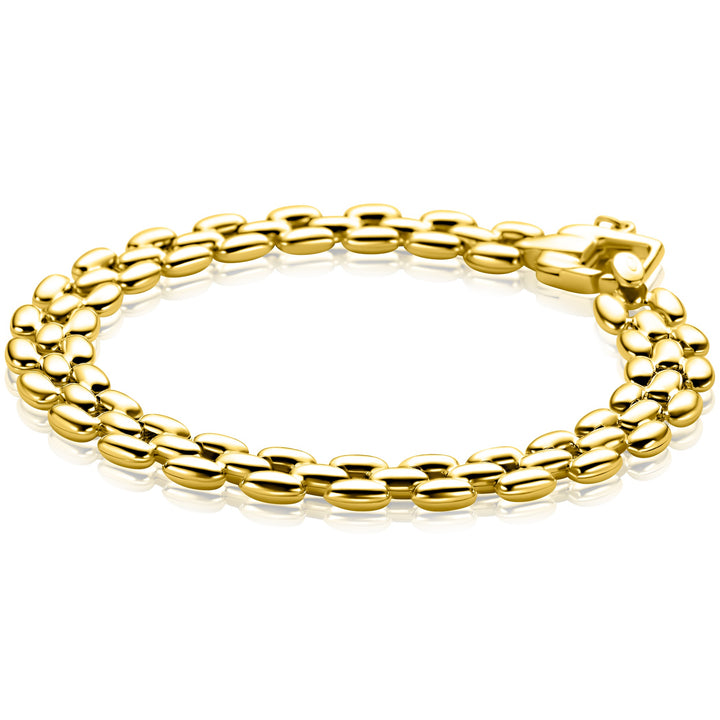 De Zinzi Armband Gold Plated ZIA2764G van Zinzi heeft twee rijen gepolijste, ovaalvormige schakels in een Rolex-stijl ontwerp en een gespsluiting, afgebeeld op een witte achtergrond.