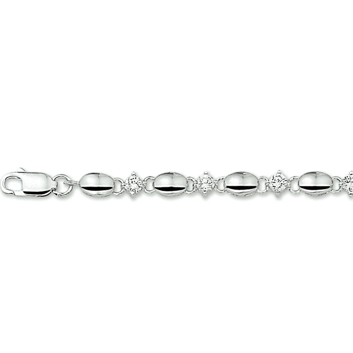 Zilveren gerhodineerde armband met zirkonia, 4,5 mm breed en 18,5 cm lang.