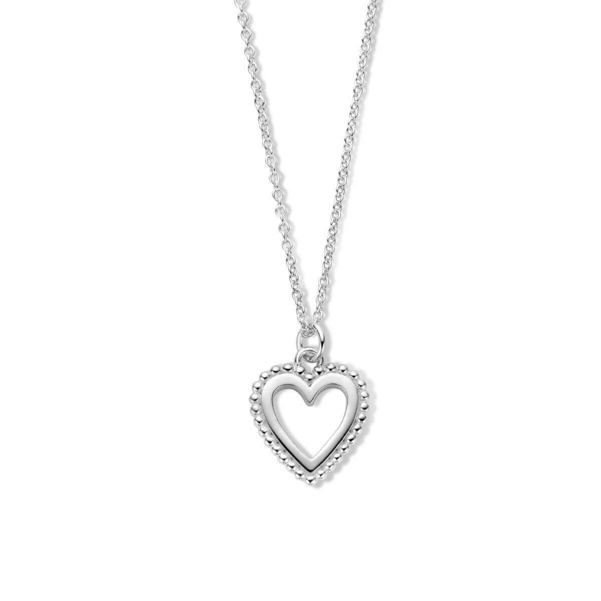 Zilveren collier met gerhodineerd hartje, versierd met kleine bolletjes aan de rand.