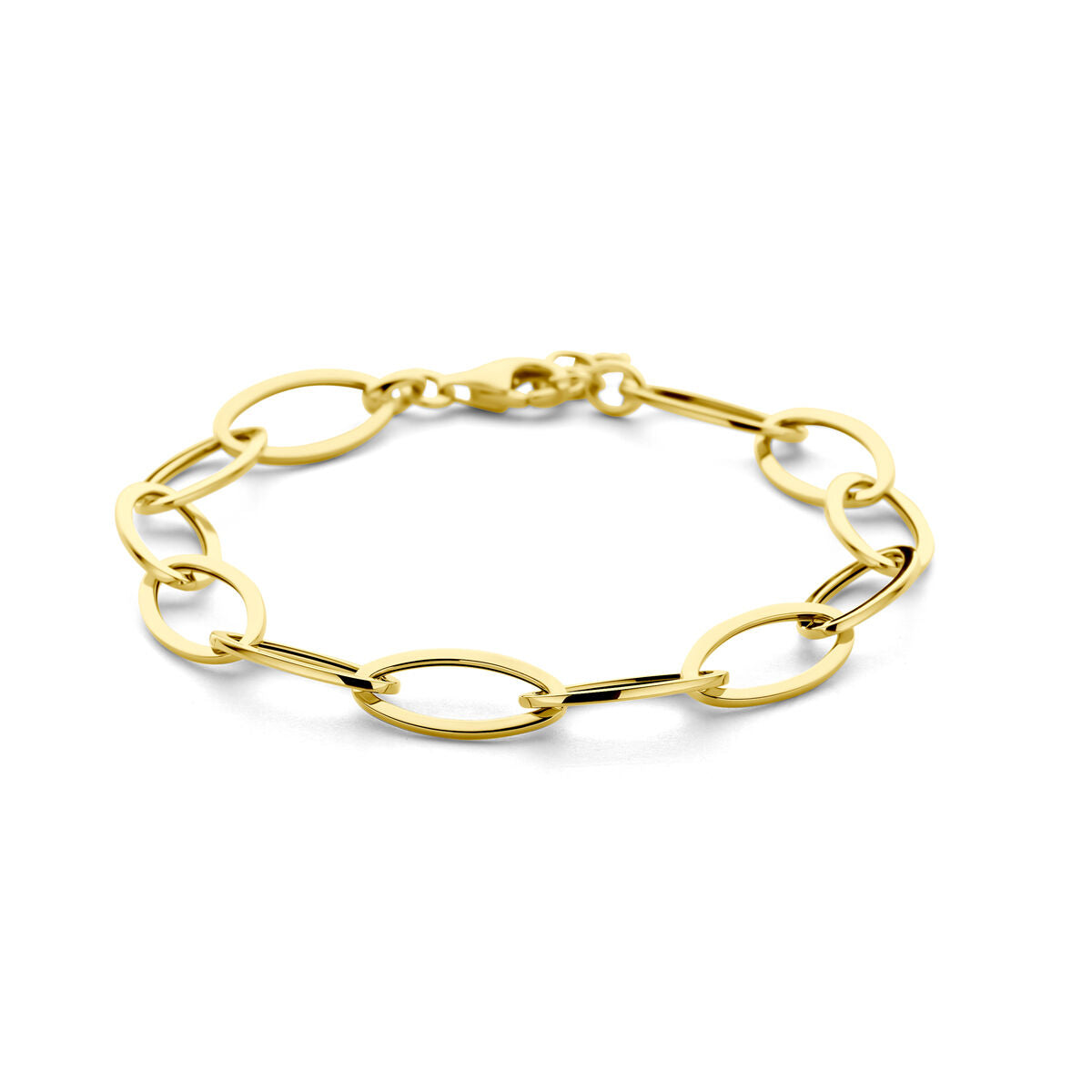 Armband van 14K geelgoud met schakels van 9 mm en een lengte van 18,5 + 1,5 cm.