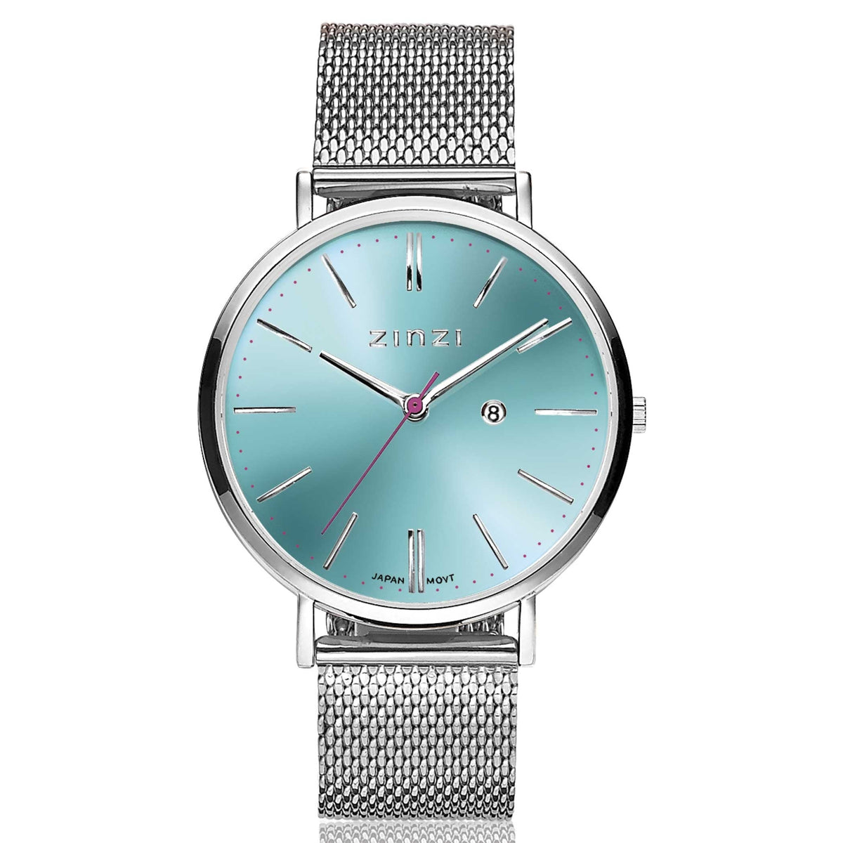 Zilverkleurig horloge van staal met een turquoise wijzerplaat en mesh-band.