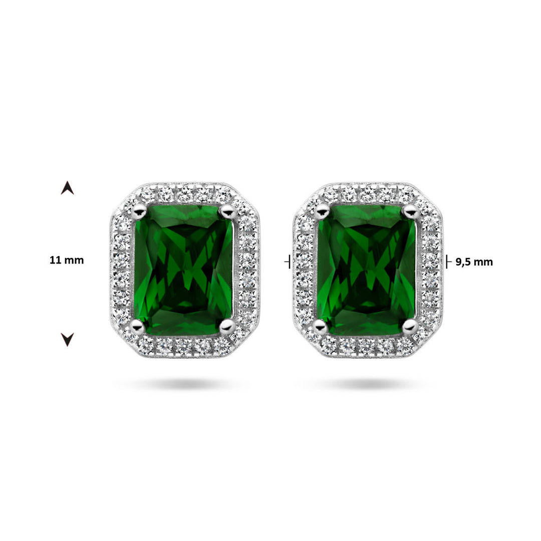 ear studs green and white zirconia halo silver rhodium plated