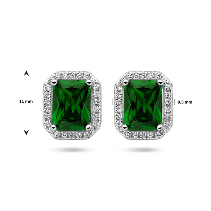 ear studs green and white zirconia halo silver rhodium plated