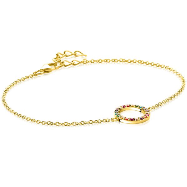Zilveren armband met een ronde hanger bezet met kleurrijke steentjes, verstelbare lengte van 17-20 cm.