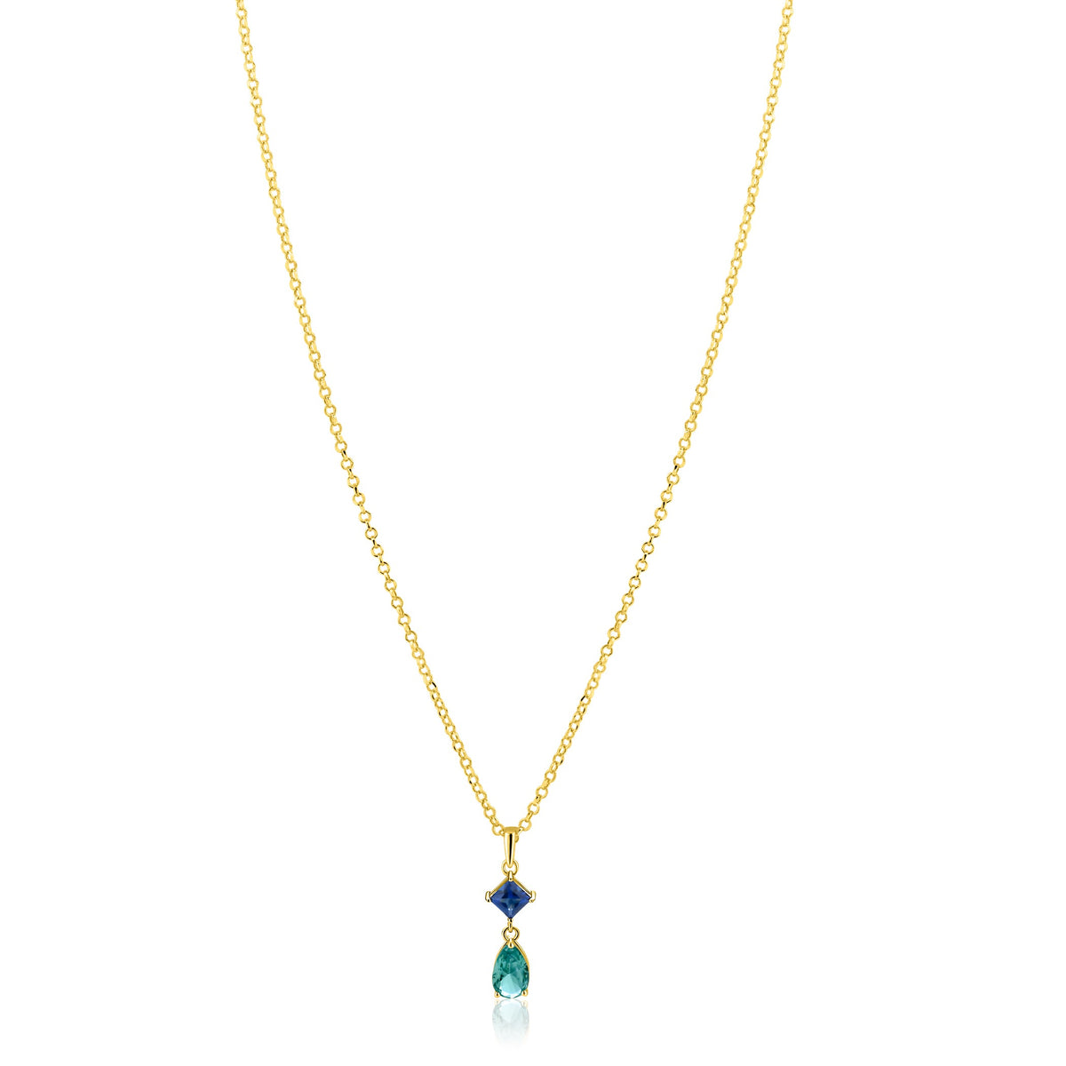 De Zinzi ketting ZIC2745 van Zinzi is een vergulde ketting met een hanger met een kleine blauwe turquoise steen boven een traanvormige groene edelsteen, beide verticaal gezet.