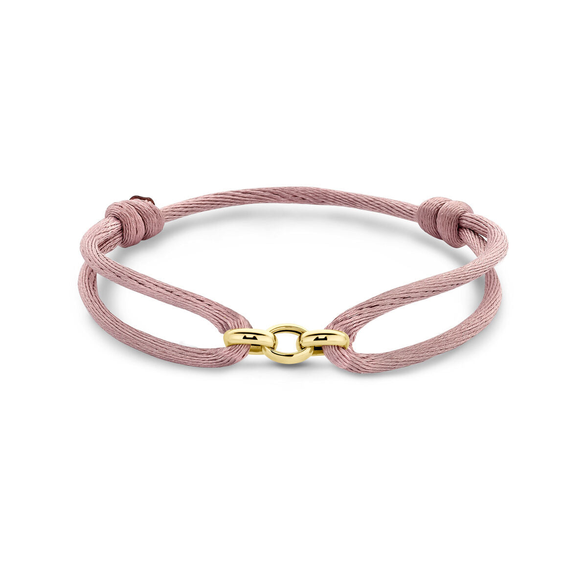 Zachte roze armband van satijn met een 14K gouden sluiting, afgewerkt met rubber en nylon.