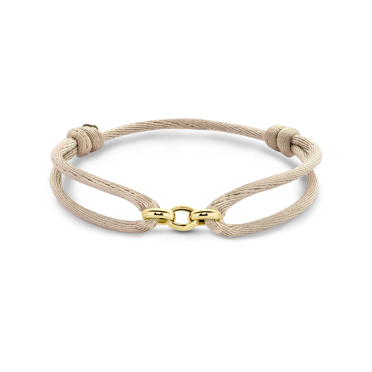 De Van der Kooij Collectie armband satijn beige (13-26 cm) heeft een minimalistisch ontwerp met een lichtbeige koord, twee knopen aan de zijkant en een kleine 14K gouden gesp; gemaakt van rubber/nylon/leer.
