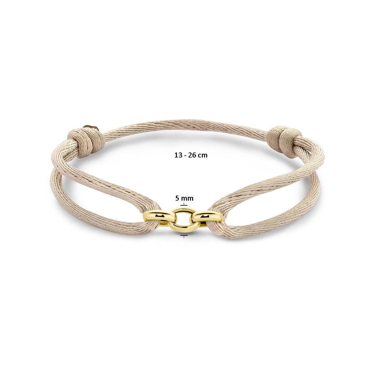 Beige satijnen armband (13-26 cm) van Van der Kooij Collectie, gemaakt van rubber/nylon/leer met verstelbaar koord en dubbele lussen, afgewerkt met een klein 14K gouden slotje (5 mm breed), dames design.