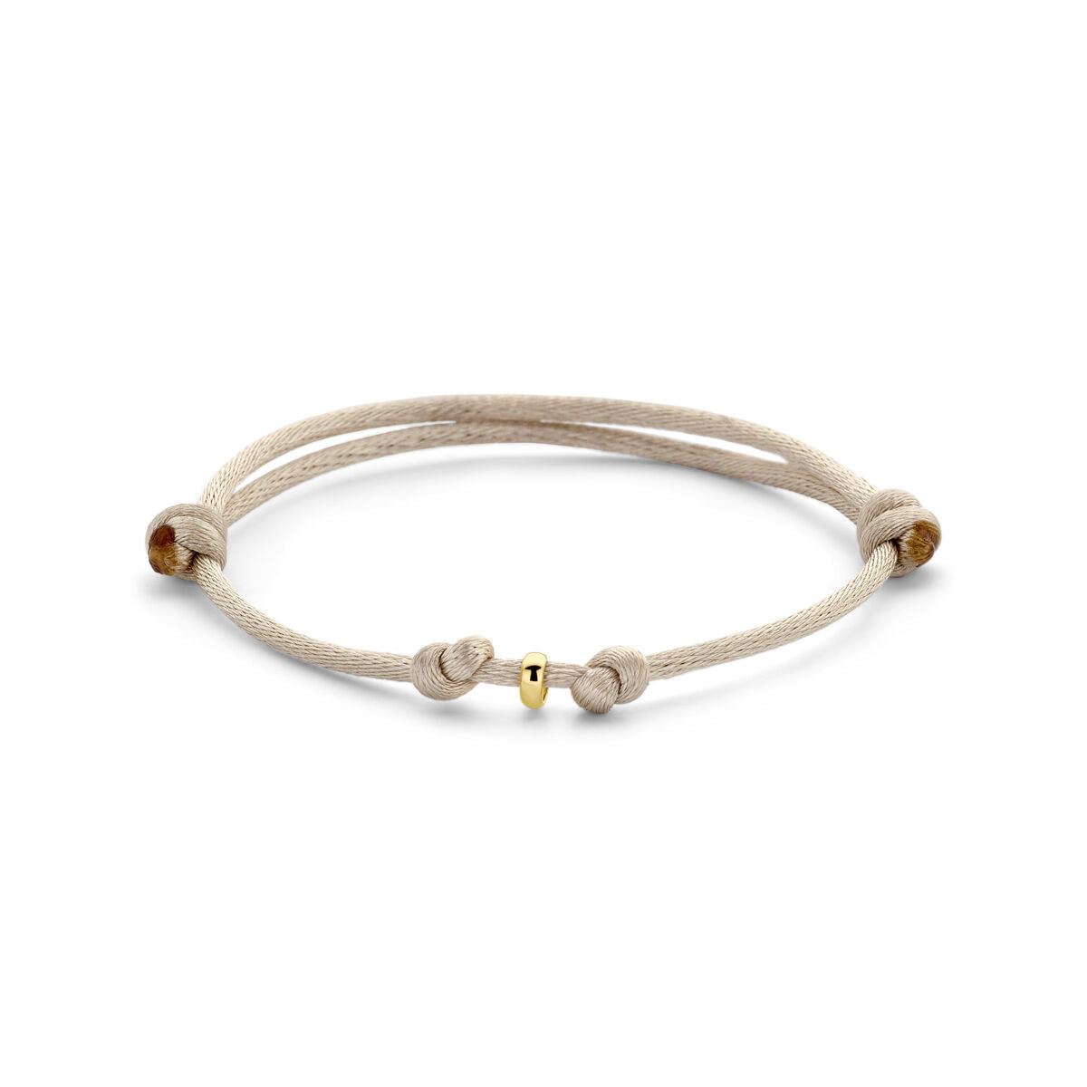 Beige satijnen armband van 14K goud met rubberen en nylon details, verstelbaar van 13 tot 26 cm.