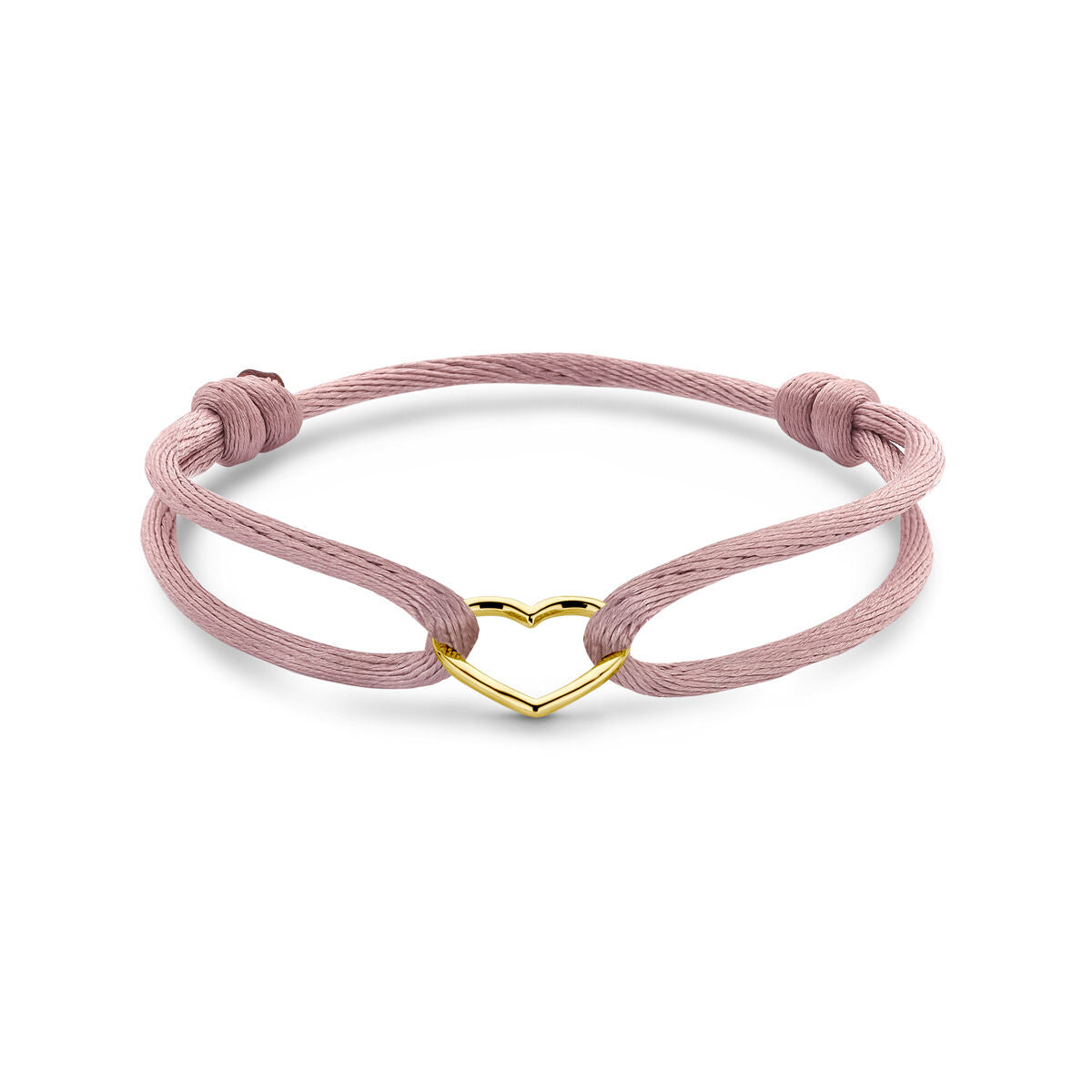Zachte roze satijnen armband met een gouden hartje, verstelbaar van 13 tot 26 cm.