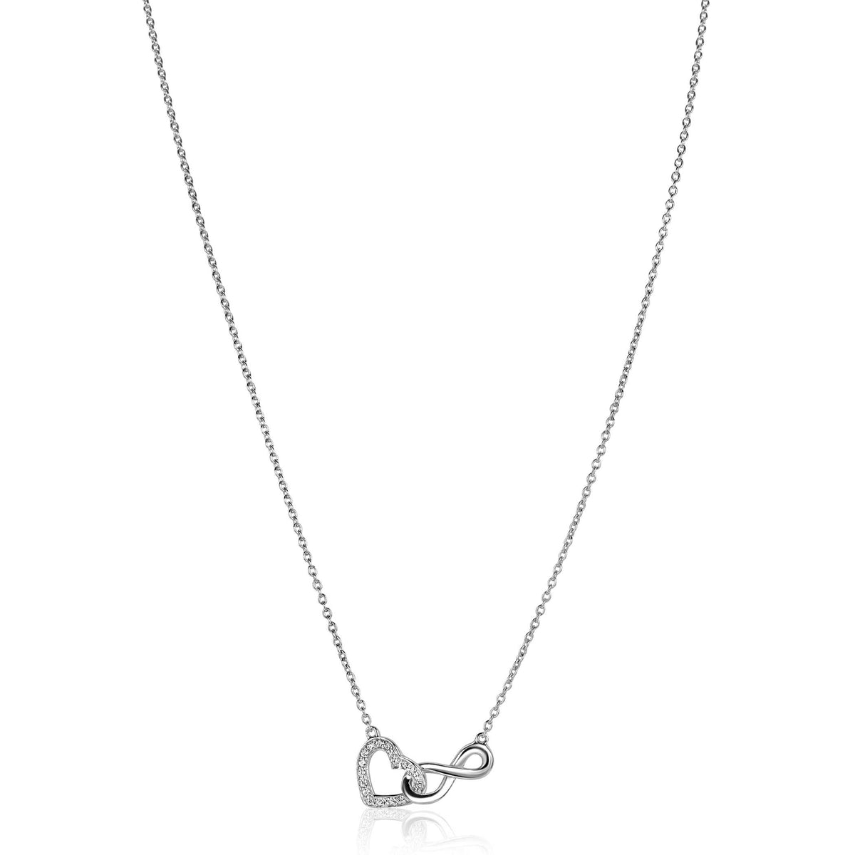 Zilveren ketting met een infinity-symbool en kleine steentjes, verstelbaar van 42 tot 45 cm.