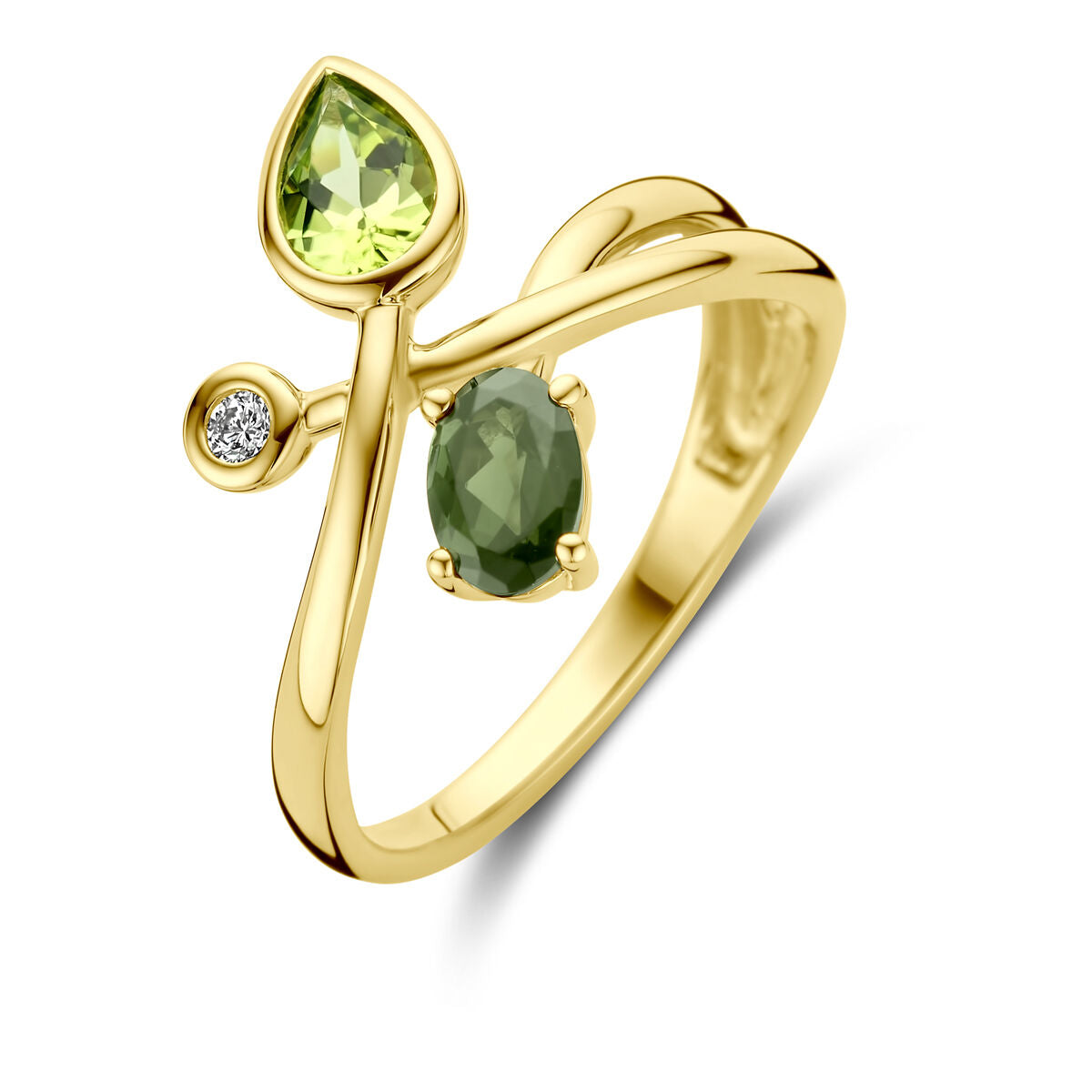 Van der Kooij Collectie 14K geelgouden ring met een open band, bezet met groen toermalijn, peridot en een 0.03ct H SI diamant in een modern, natuur geïnspireerd ontwerp.