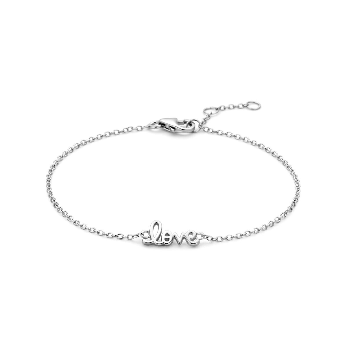 Zilveren gerhodineerde armband met het woord 'love' als opvallende decoratie.