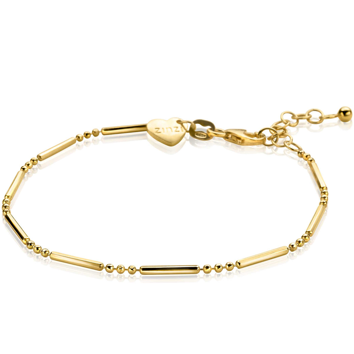 Gouden armband met een combinatie van cilindrische en bolle schakels, voorzien van een hartvormige sluiting.