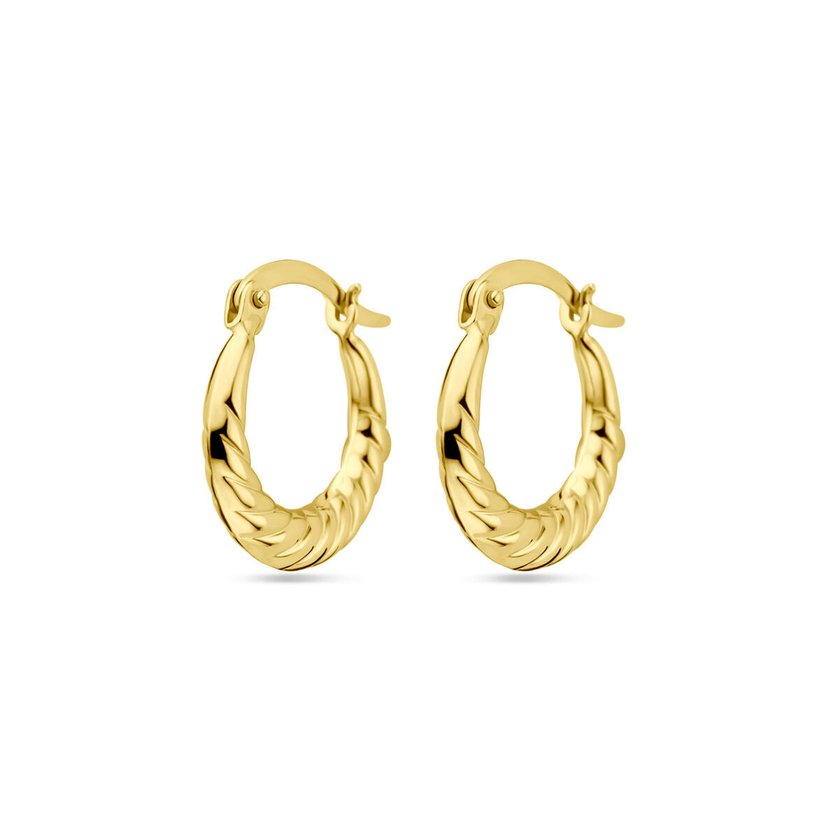Geelgouden oorringen van 14K met een gedraaide structuur en een diameter van 17 mm.