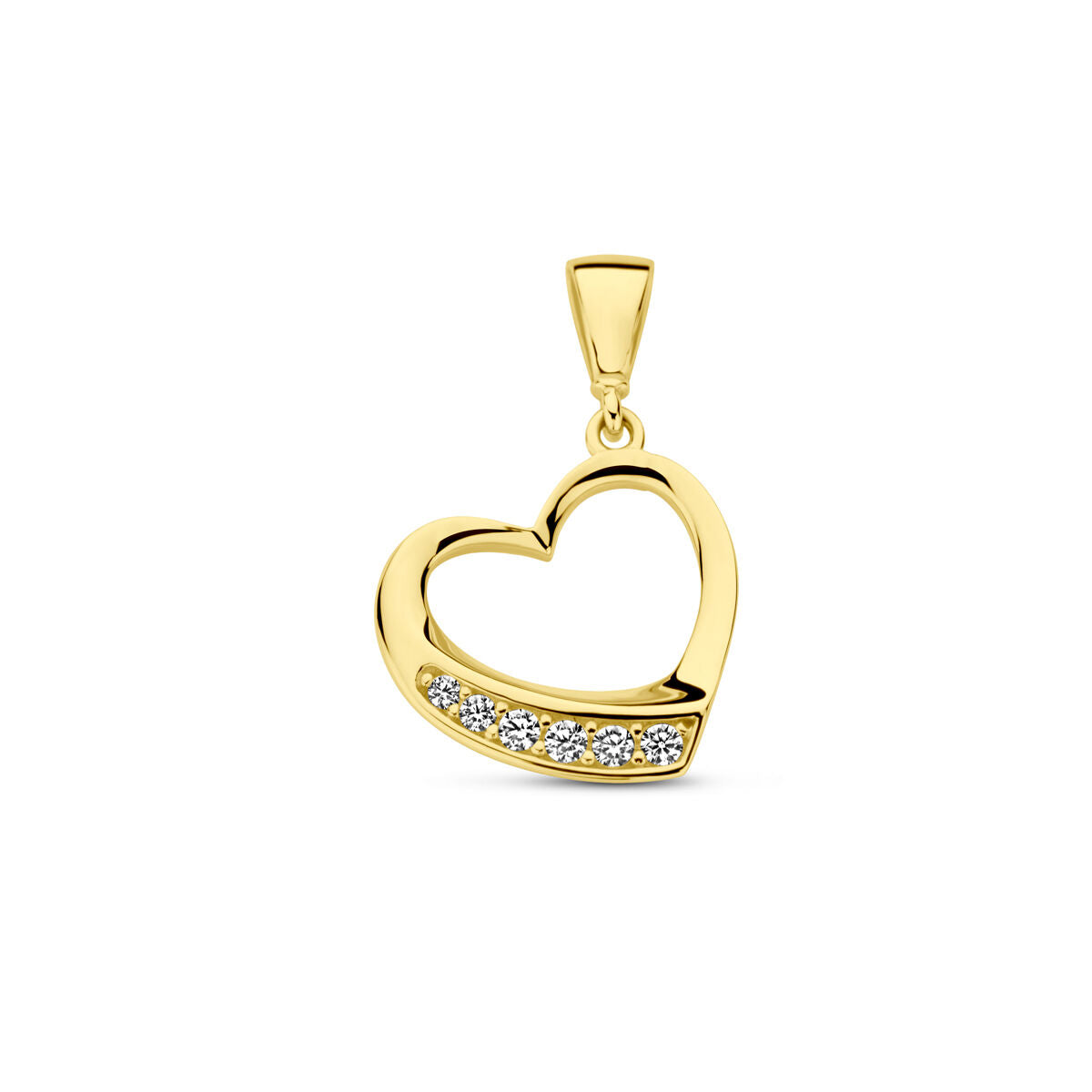 Hanger in de vorm van een hartje van 14K geelgoud met een rij zirkonia steentjes.