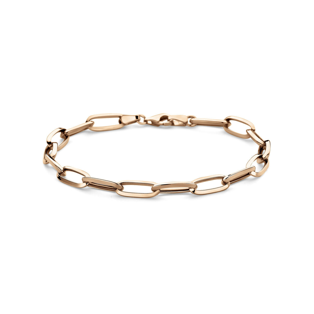 De armband closed forever 5,8 mm 19 cm in 14K roségoud van Van der Kooij Collectie is elegant vormgegeven met langwerpige paperclip schakels, stijlvol gepresenteerd op een witte achtergrond.