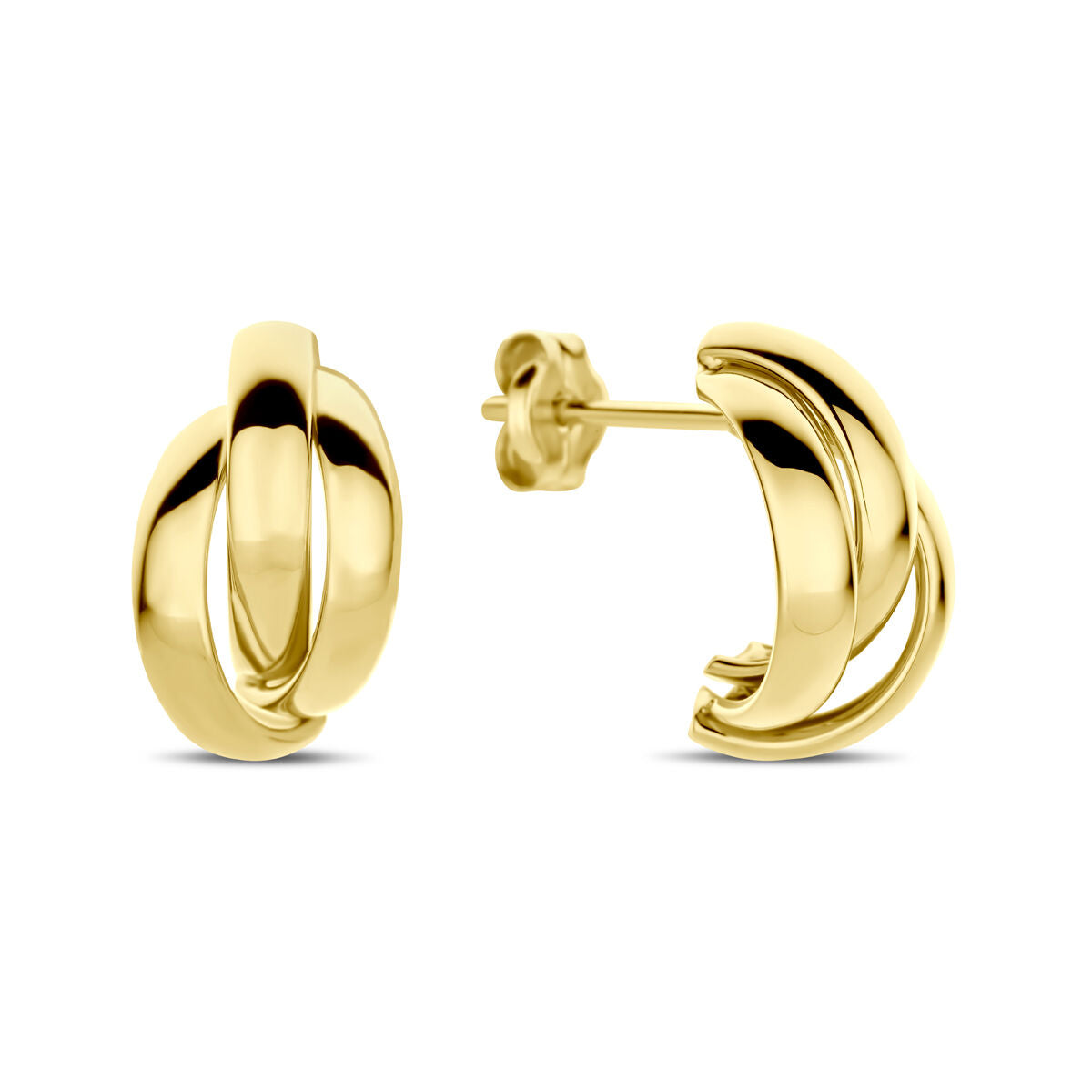 Stekeroorringen van 14K geelgoud met een gedraaide, moderne vorm van 13 mm.