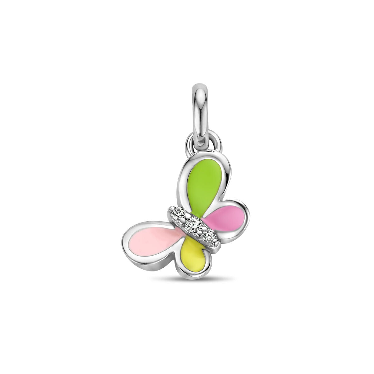 Zilveren gerhodineerde hanger in de vorm van een vlinder met roze, groen en gele emaille en zirkonia-steentjes.