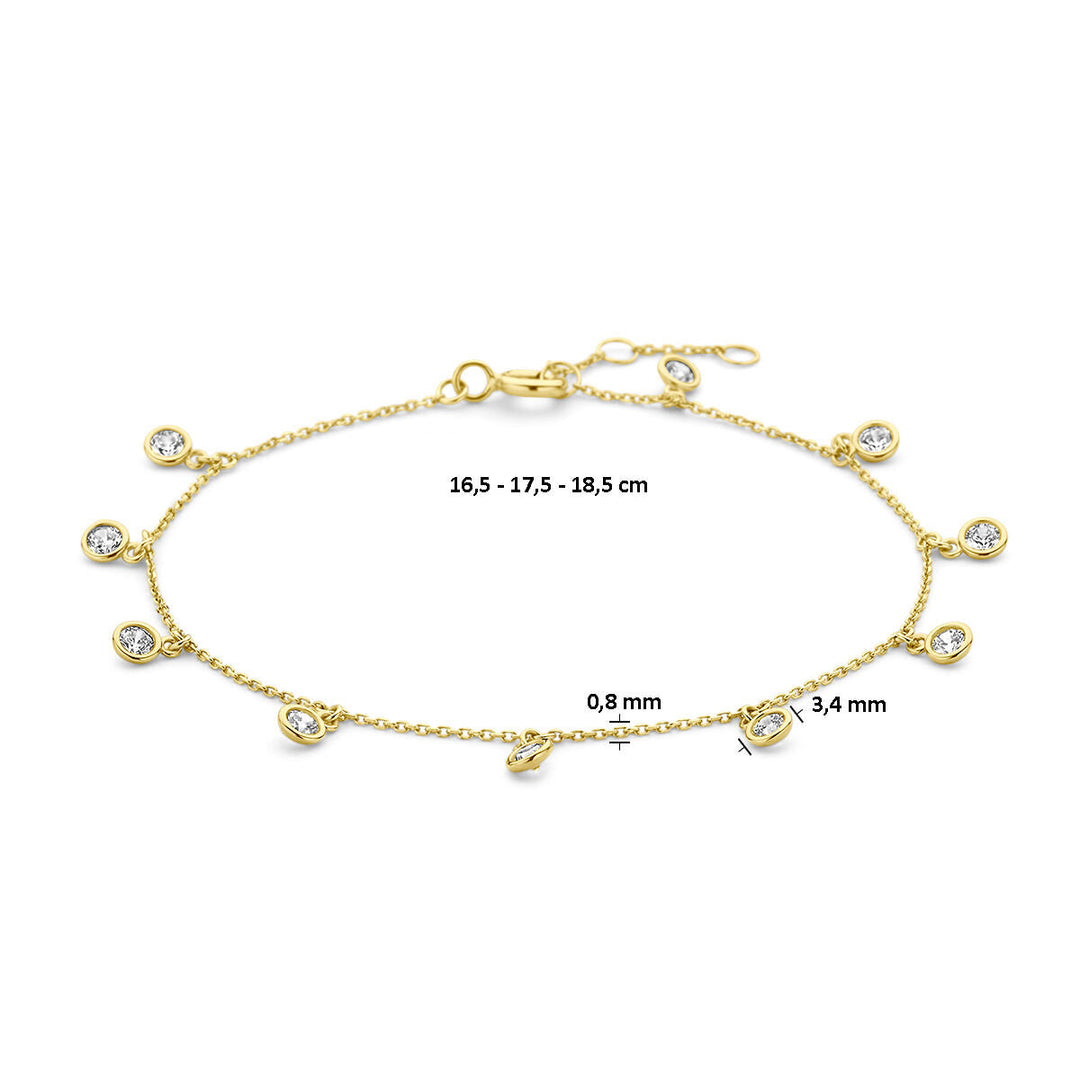 Van der Kooij Collectie Gouden armband dames zirkonia 14K: 14k geelgoud met kleine ronde zirkonia's, karabijnsluiting, verstelbaar van 16,5-18,5 cm. Bedels Ø 3,4 mm, kettingdikte 0,8 mm. Elegant en verfijnd ontwerp.