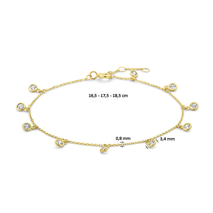 Van der Kooij Collectie Gouden armband dames zirkonia 14K: 14k geelgoud met kleine ronde zirkonia's, karabijnsluiting, verstelbaar van 16,5-18,5 cm. Bedels Ø 3,4 mm, kettingdikte 0,8 mm. Elegant en verfijnd ontwerp.